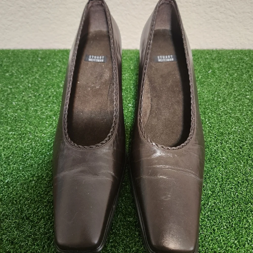 Stuart Weitzman Women’s Square Toe Block Heel Brown size 8.5AA Narrow Fit